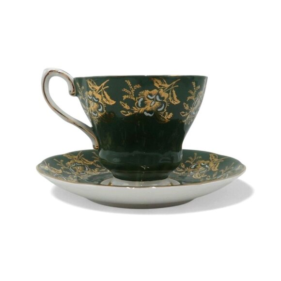 ROYAL GRAFTON Teacup and Saucer Set Elegant Green Gold Floral Vintage - Picture 6 of 12